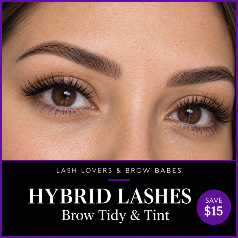 Hybrid lash extensions with brow tidy and tint — natural skin tones and black and purple package branding