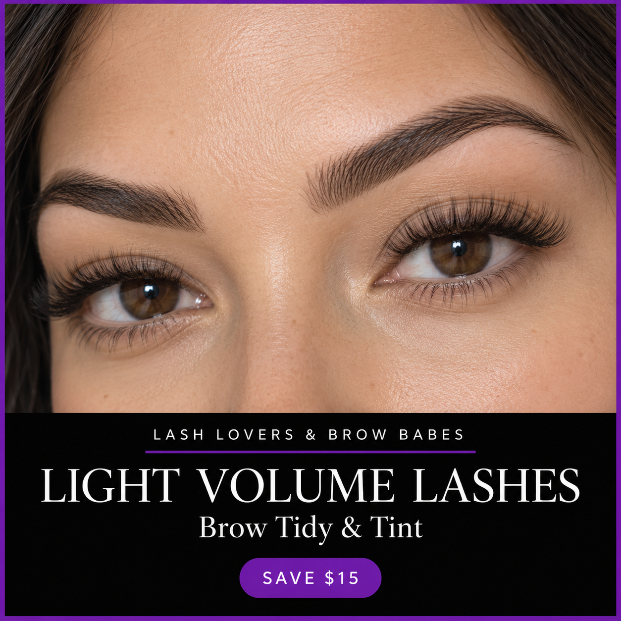 Light Volume lash extensions with brow tidy and tint — natural skin tones and black and purple package branding