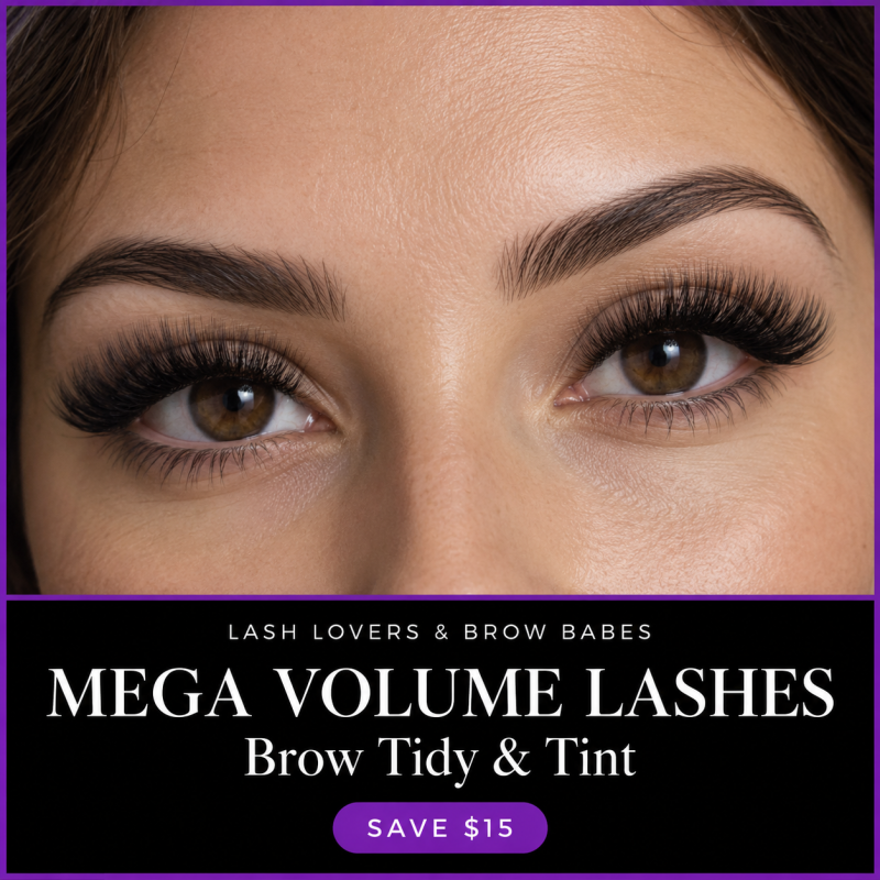 Mega Volume lash extensions with brow tidy and tint — natural skin tones and black and purple package branding